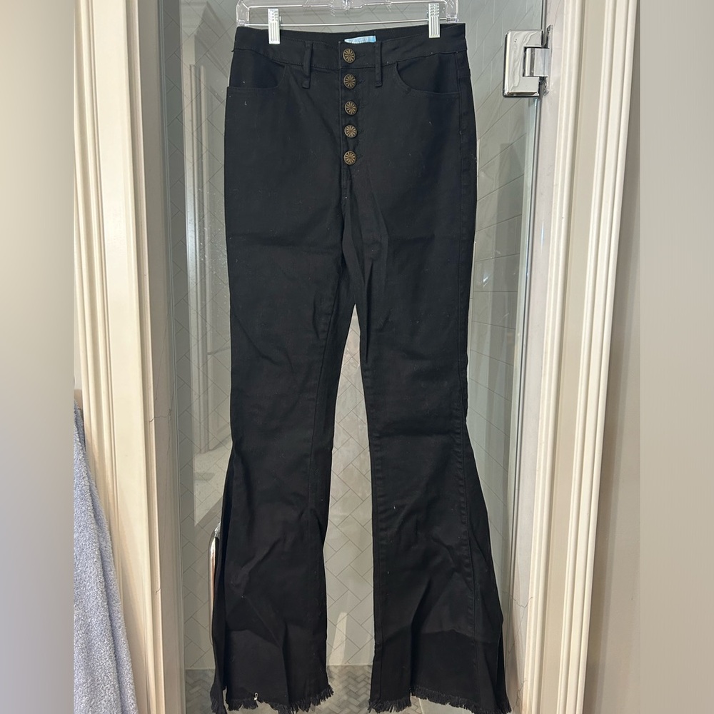 Show me your mumu black denim bell bottom distressed jeans